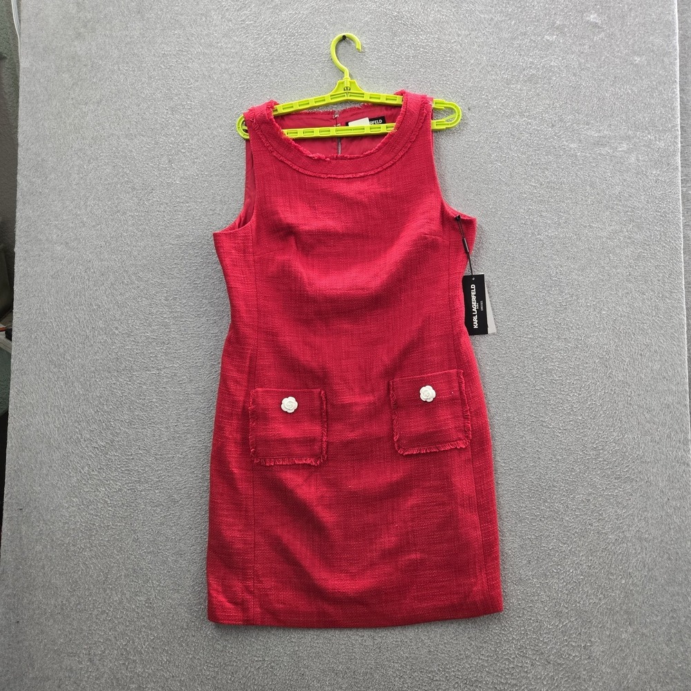 Karl Lagerfeld Paris Women Dress 12 Red Shift Button Fringe Sleeveless NWT